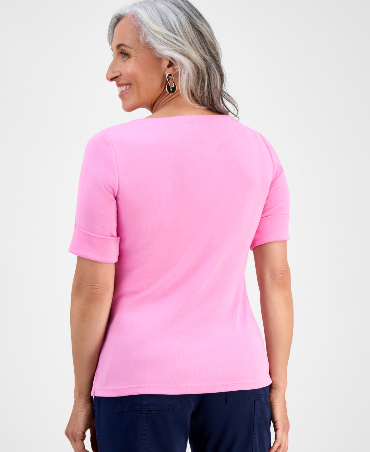 Style & Co Petite Cotton Elbow-sleeve Boat-neck Top, Created For Macy's In Pink
