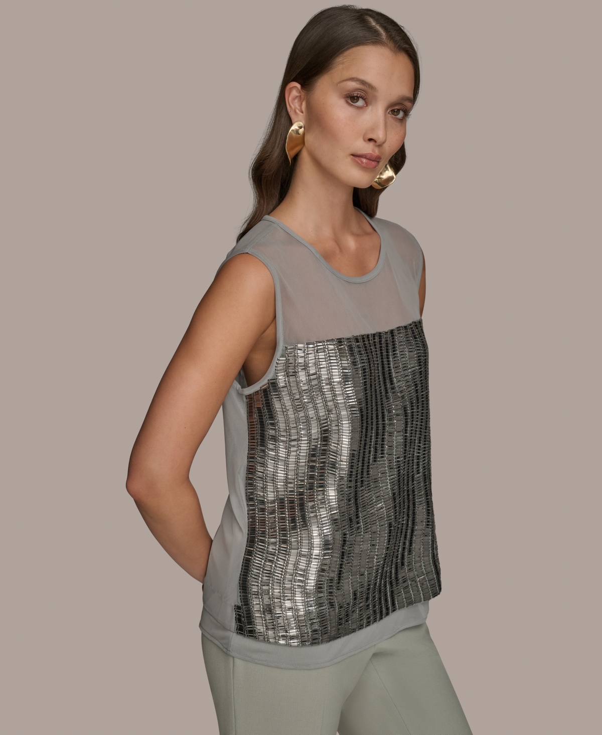 Donna Karan Women's Sleeveless Beaded Mesh Top In Gray