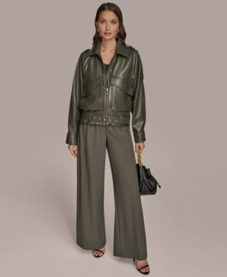 Women's Faux-Leather Zip-Front Belted Jacket