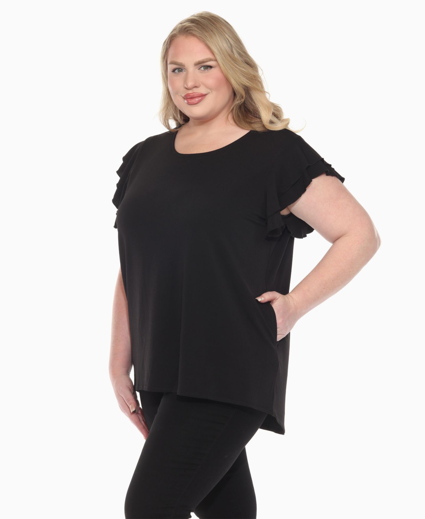 Женский топ White Mark Plus Size Ruffled Sleeve Solid, цвет: Чёрный — фото 2