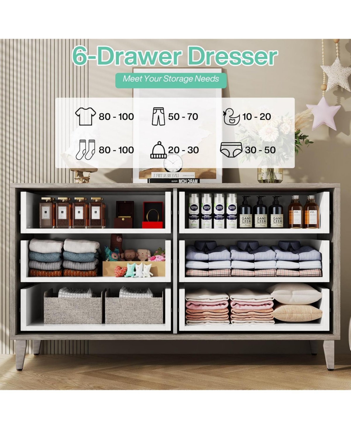 Tribesigns 47-Inch Dresser for Bedroom with 6 Drawers, Double Wide Chest of Drawers, Wood Storage Dresser for Closet, Drawer Cabinet Storage Drawers f