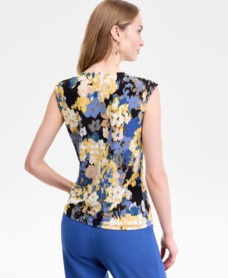 Women's Printed Pleated-Neck Cap-Sleeve Top
