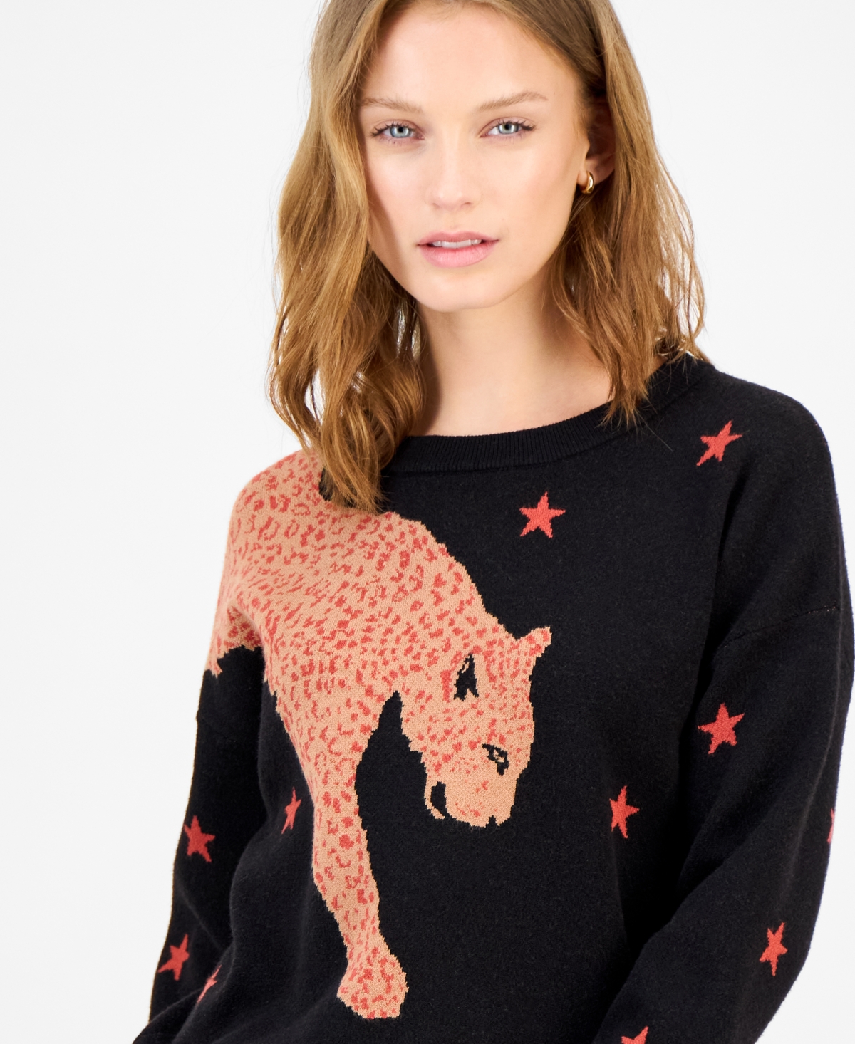 T Tahari Women's Star-Print Cheetah Graphic Sweater