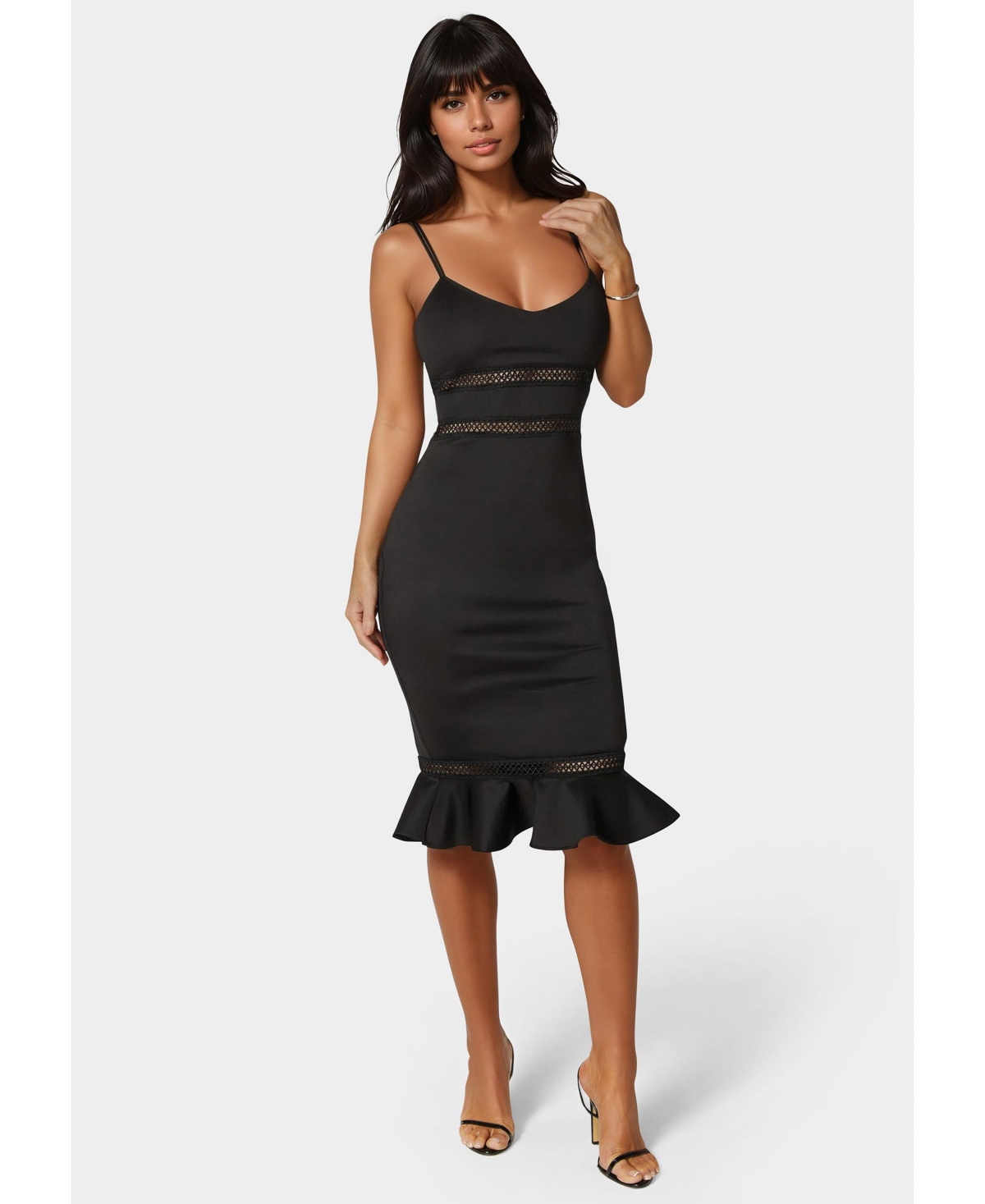 Women's Lace Trim Flounce Midi Dress - Black