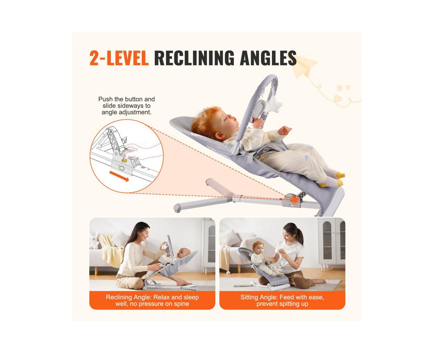 Newborn Baby Bouncer with Rotatable Toy Bar and 2 Reclining Positions