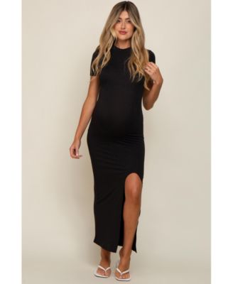 Black Mock Neck Front Slit Short Sleeve Maternity Maxi Dress 