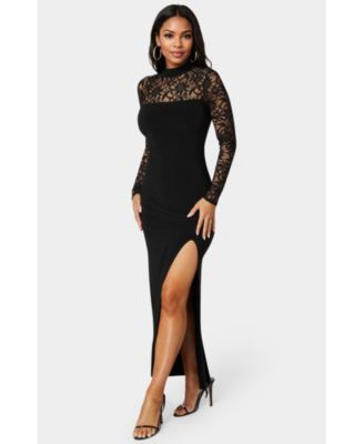 Women's Mock Neck Lace Bodice Maxi Dress