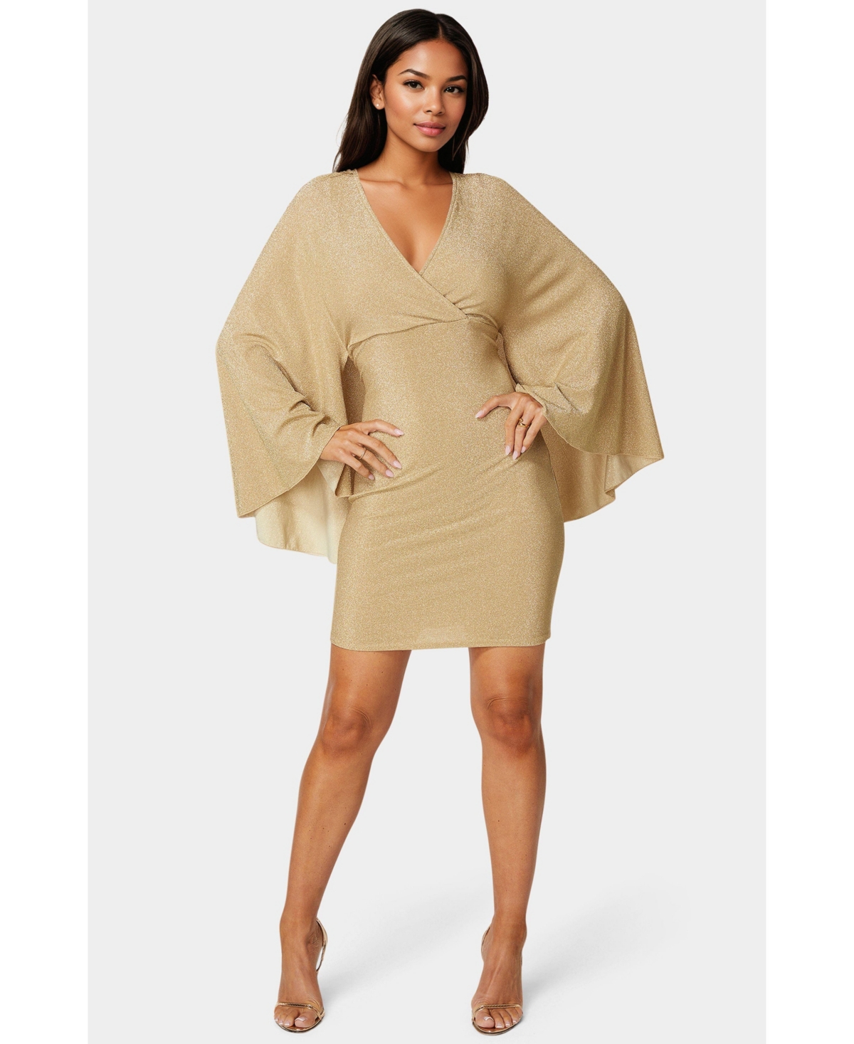Women's Plunge Neck Drama Cape Dress - Gold