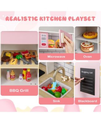 Wooden Pretend Play Kitchen with Ice Maker Range Hood and Blackboard