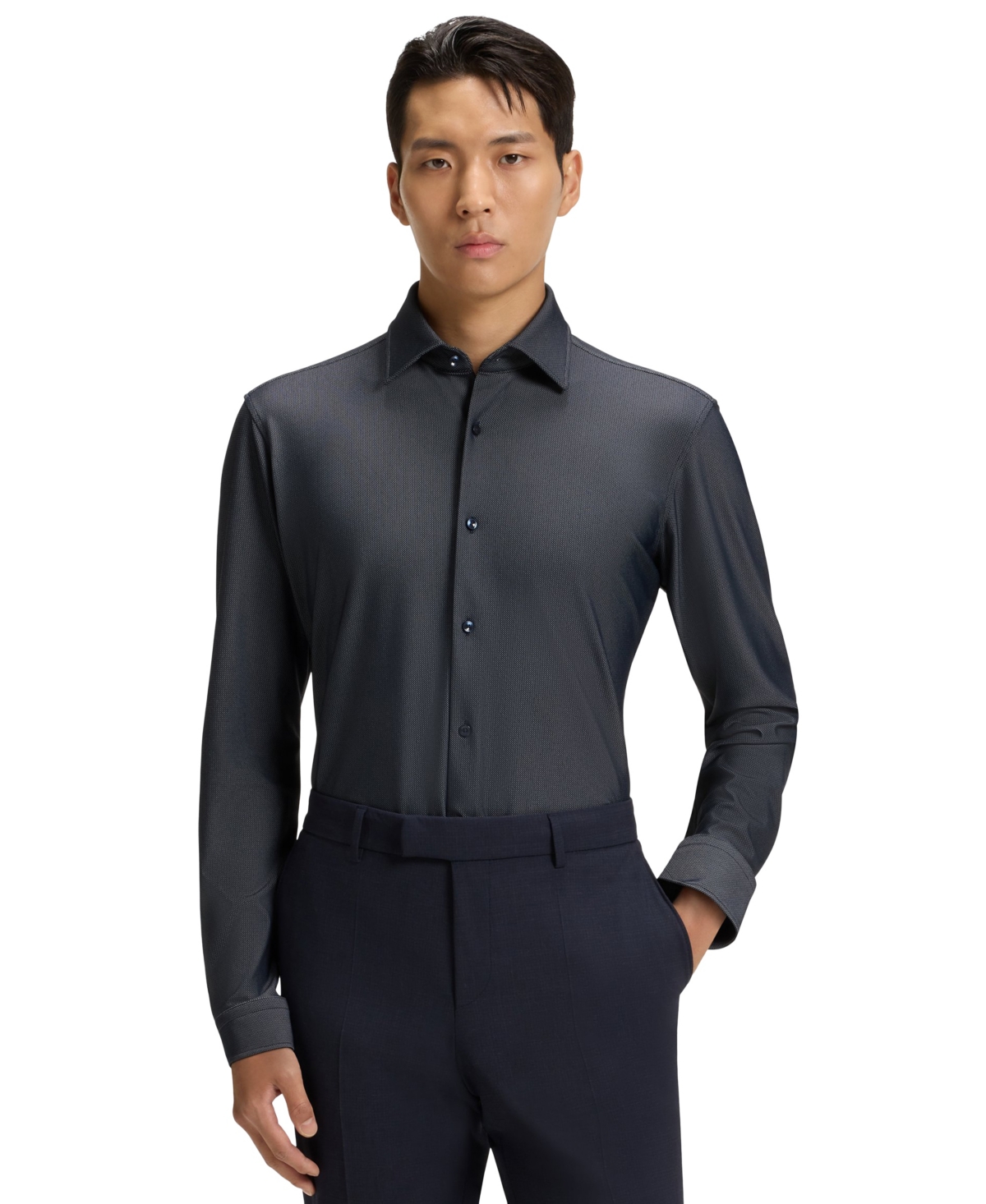 Boss by Hugo Boss Men's Structured Stretch Jersey Regular-Fit Dress Shirt - Dark Blue