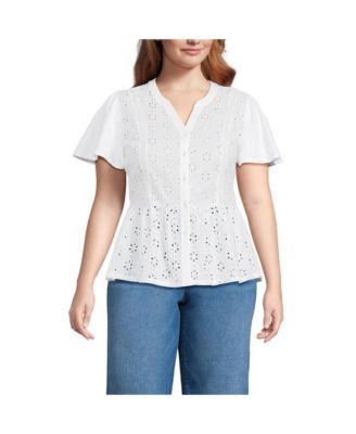 Women's Plus Size Short Sleeve Mixed Media Eyelet Top