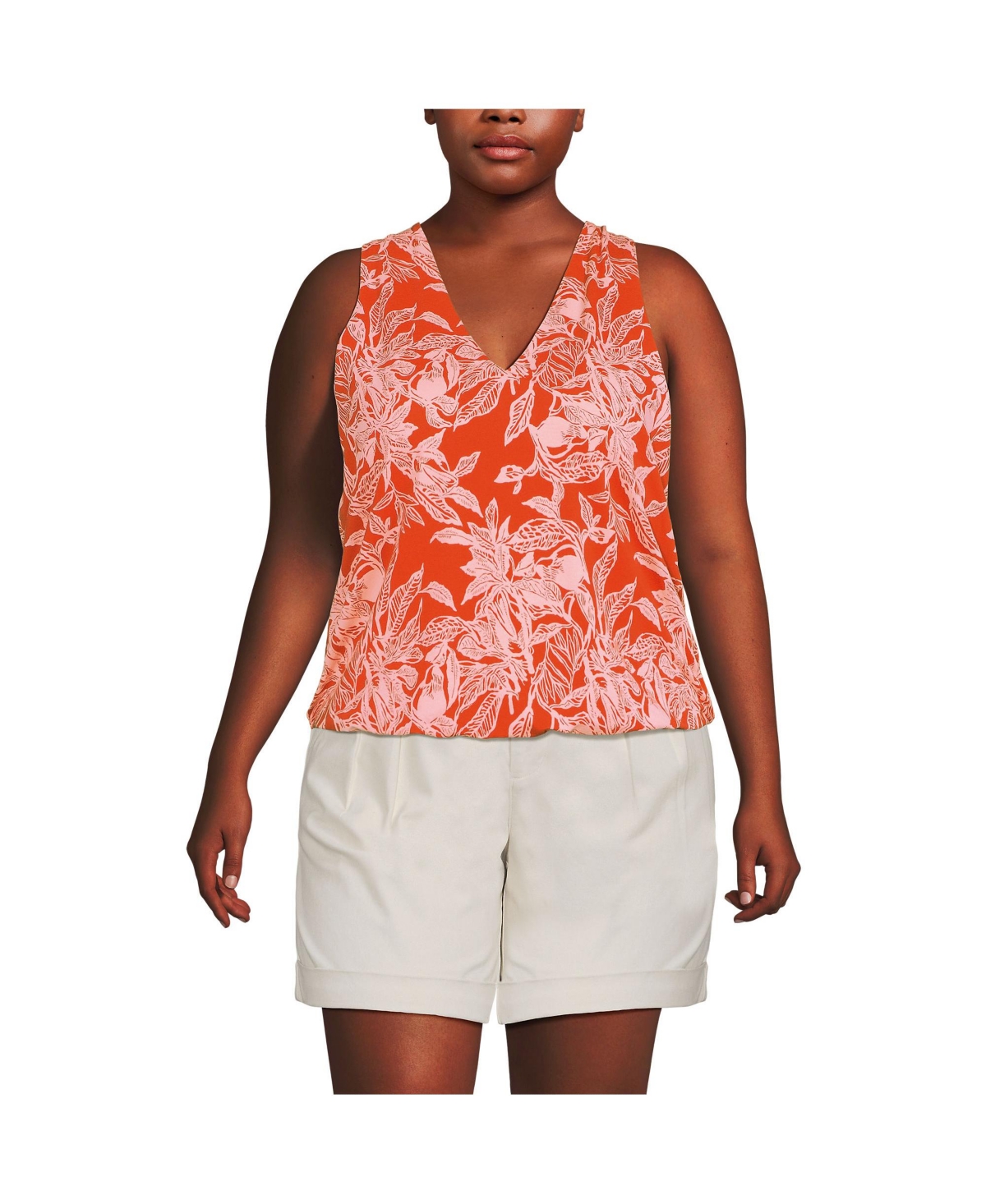 Plus Size Lightweight Jersey Blouson Vneck Tank - Orange/peach etched leaves