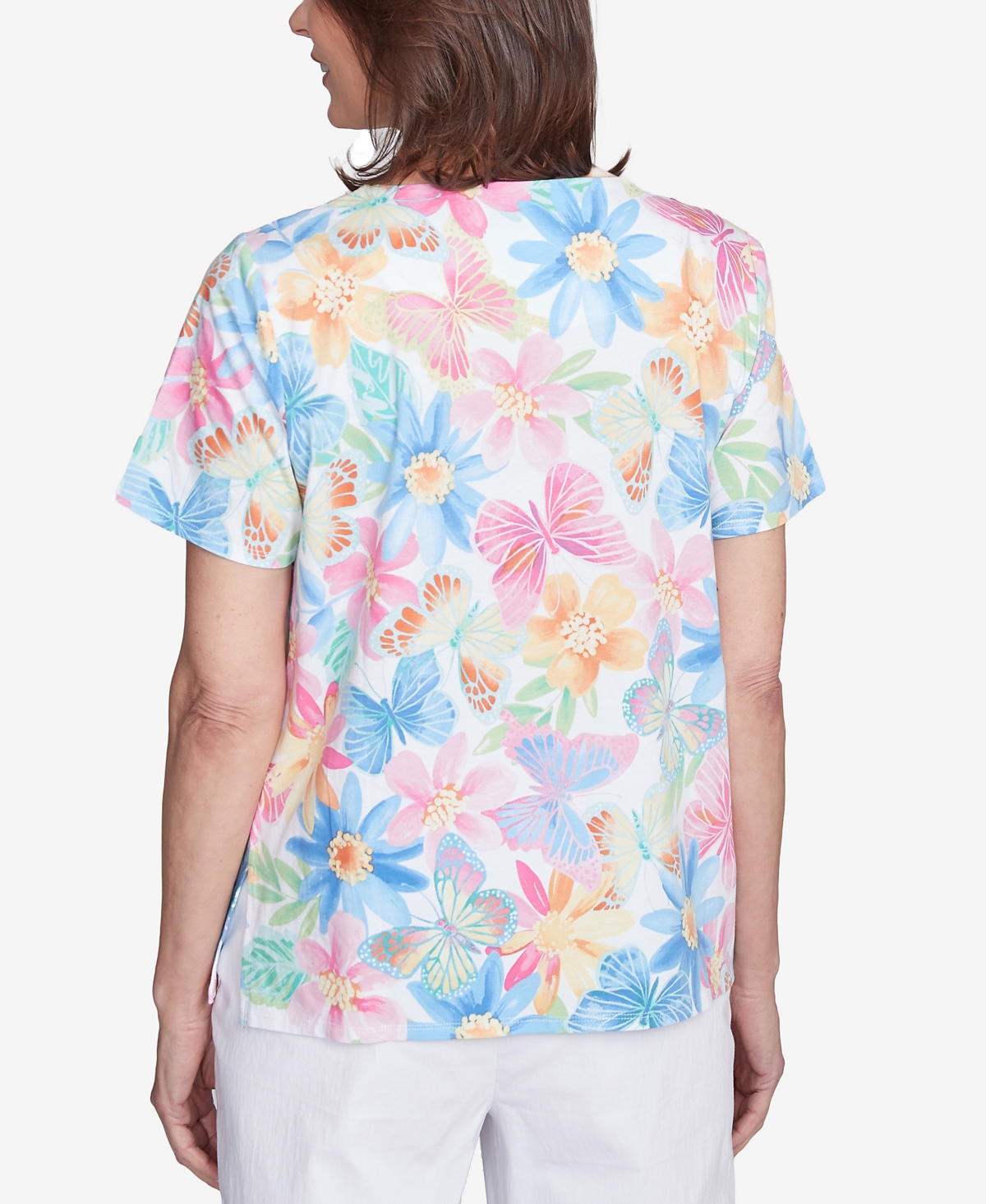 Alfred Dunner Petite Spring Butterfly Crew Neck Top In Multi