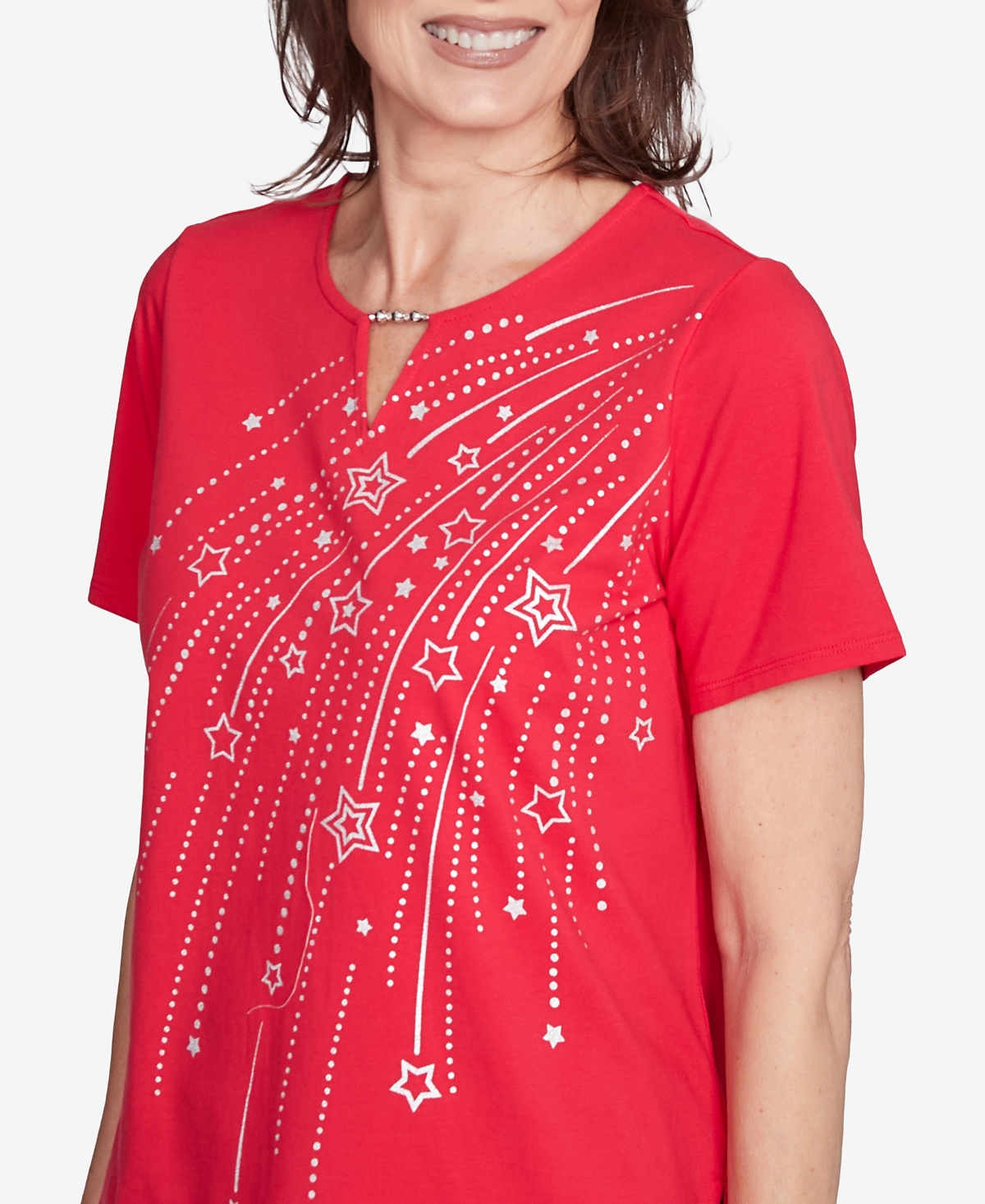 Alfred Dunner Petite Dazzling Shooting Stars With Beaded Split Neck Top In Red