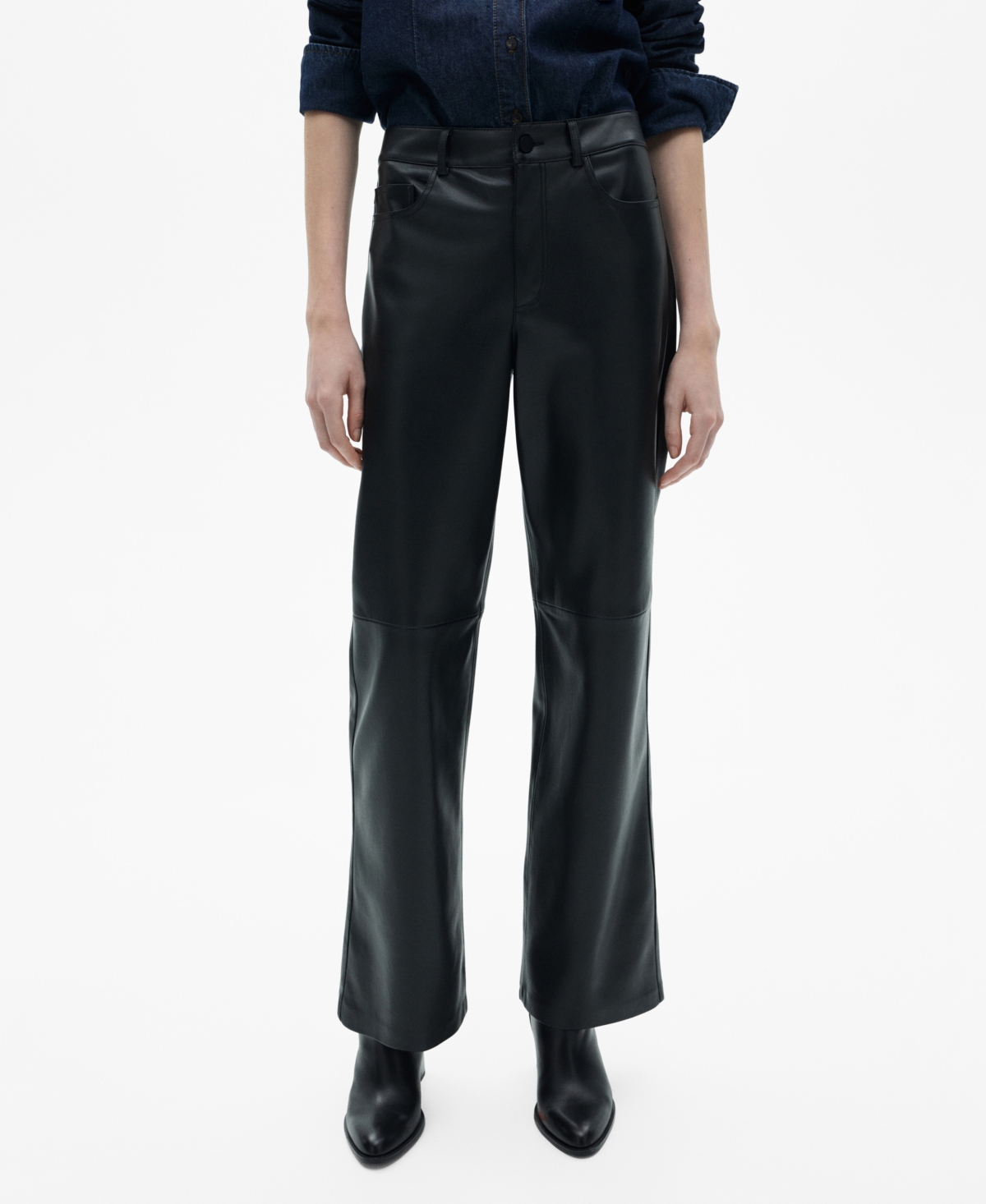 Women's Leather-Effect Straight Pants - Black