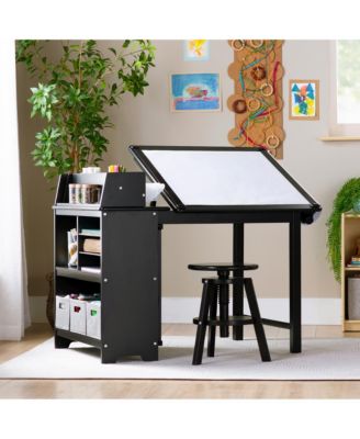 Design Studio – White: 3-in-1 Kids Art Table & Stool, Writing, Painting & Drafting Table w/ Craft Storage & Bins, Art Easel with Paper Roll
