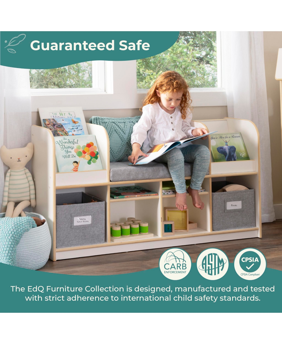 Guidecraft EdQ Reading Nook - Natural: Children's Wooden Bedroom Bench, Kids' Bookshelf, Toy Cubby Organizer and Cube Storage