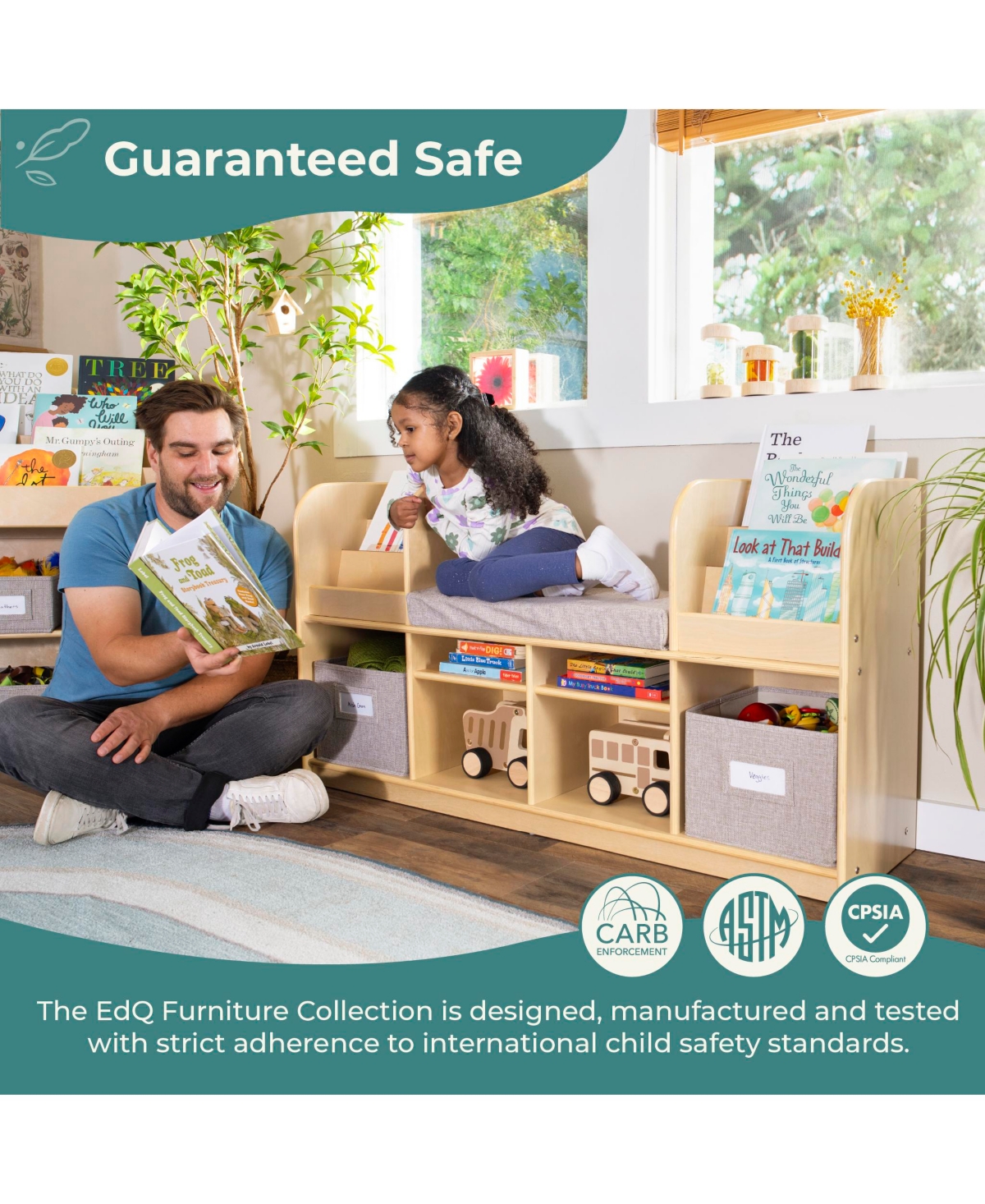 Guidecraft EdQ Reading Nook - Natural: Children's Wooden Bedroom Bench, Kids' Bookshelf, Toy Cubby Organizer and Cube Storage