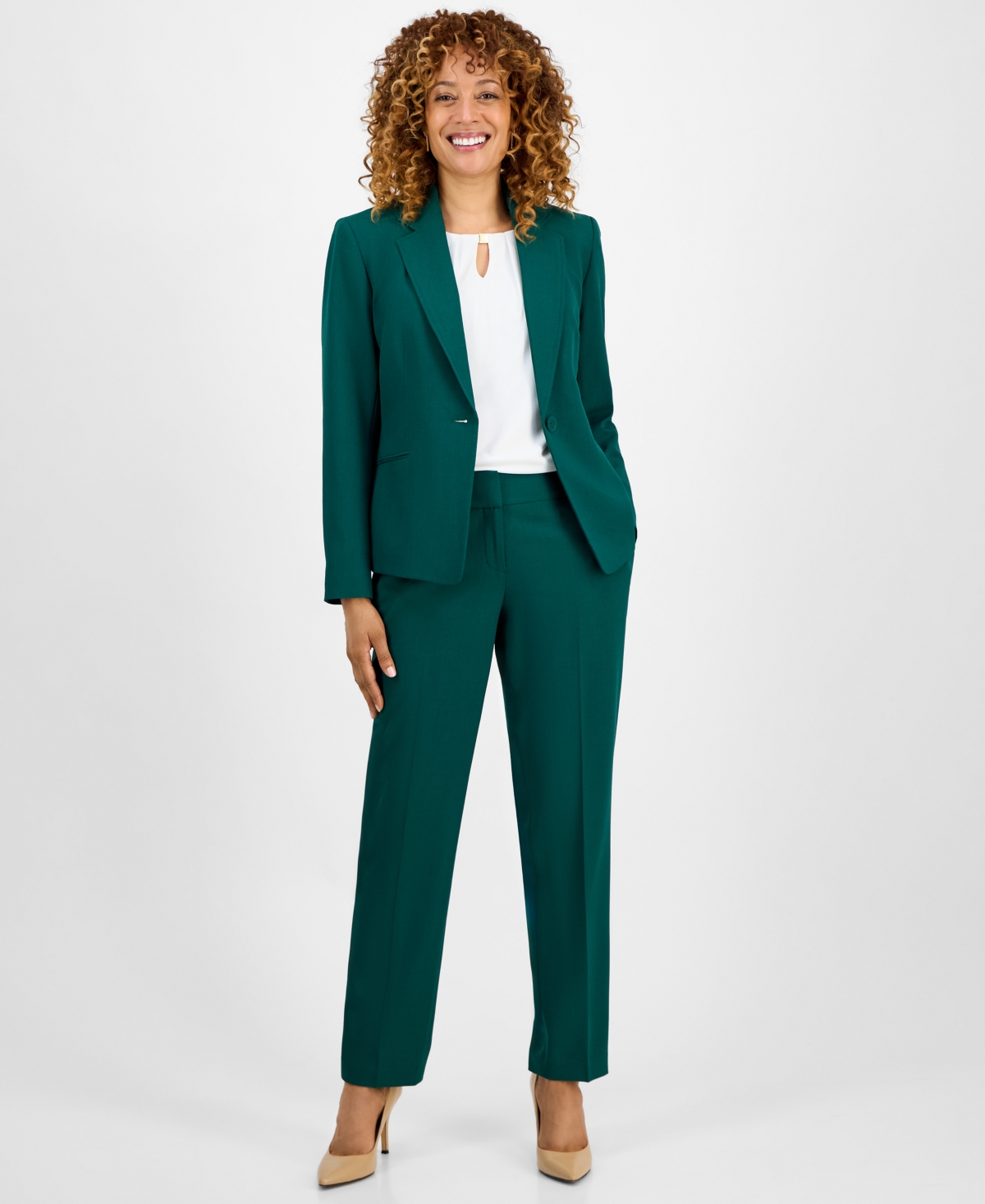 Women's Notched Collar One-Button Pantsuit - Emerald