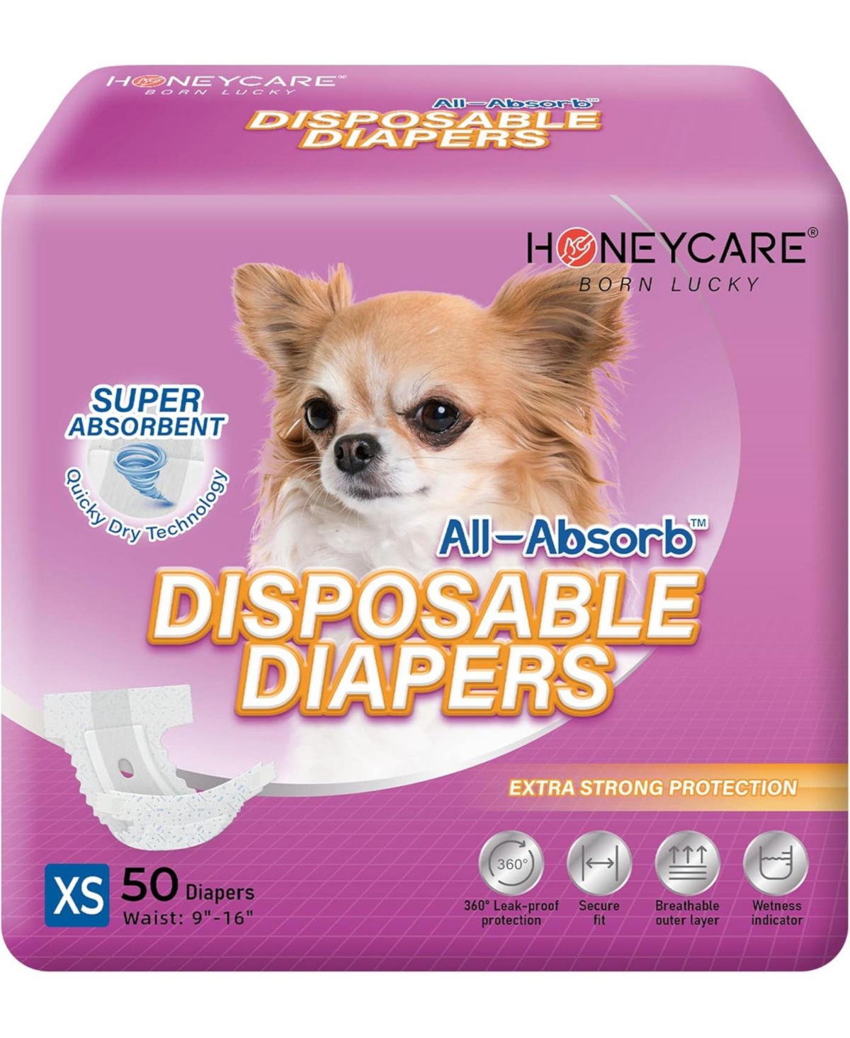 All-Absorb Disposable Female Dog Diapers, Super Absorbent, Breathable, Wetness Indicator Extra Small, 9x16 inches, 100ct - White