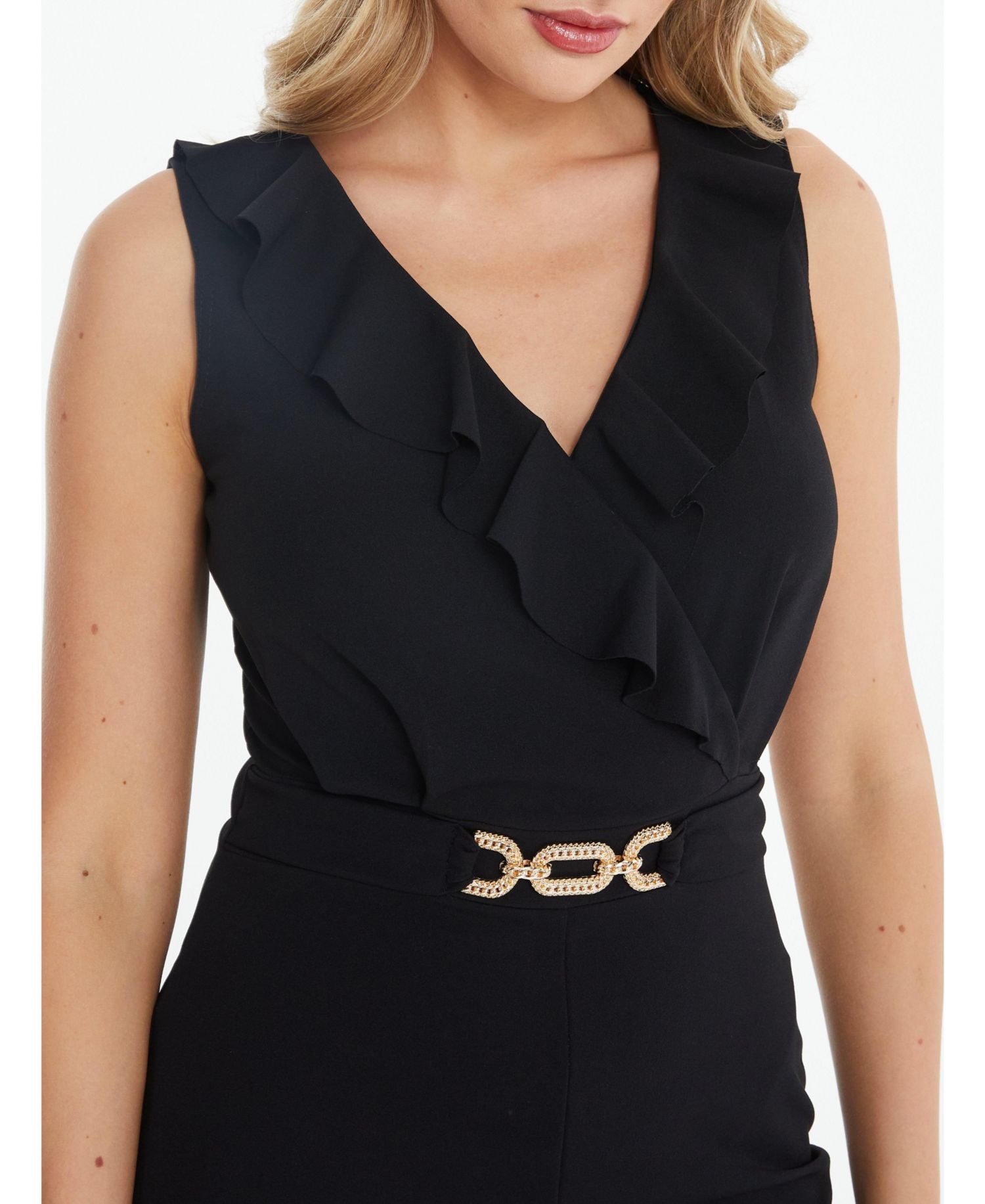 Women's Scuba Crepe Frill Buckle Dress - Black