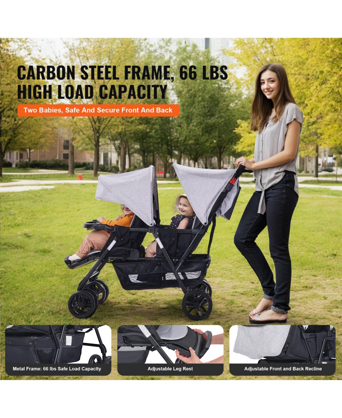 Slickblue Toddler Foldable Double Stroller Lightweight Twin Tandem Stroller for Infants and Toddlers