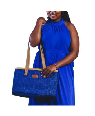 Nourishment Rectangular Handmade Laptop Work Sisal Straw Blue Basket Tote Handbag