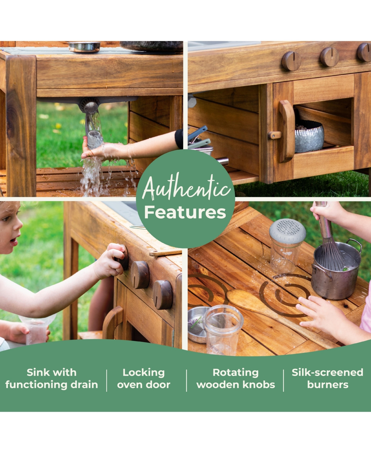 Guidecraft Acadia Kids' Outdoor Mud Kitchen Playset - Pretend Play Kitchen with Sink, Stove, and Accessories | Wooden Backyard Playset