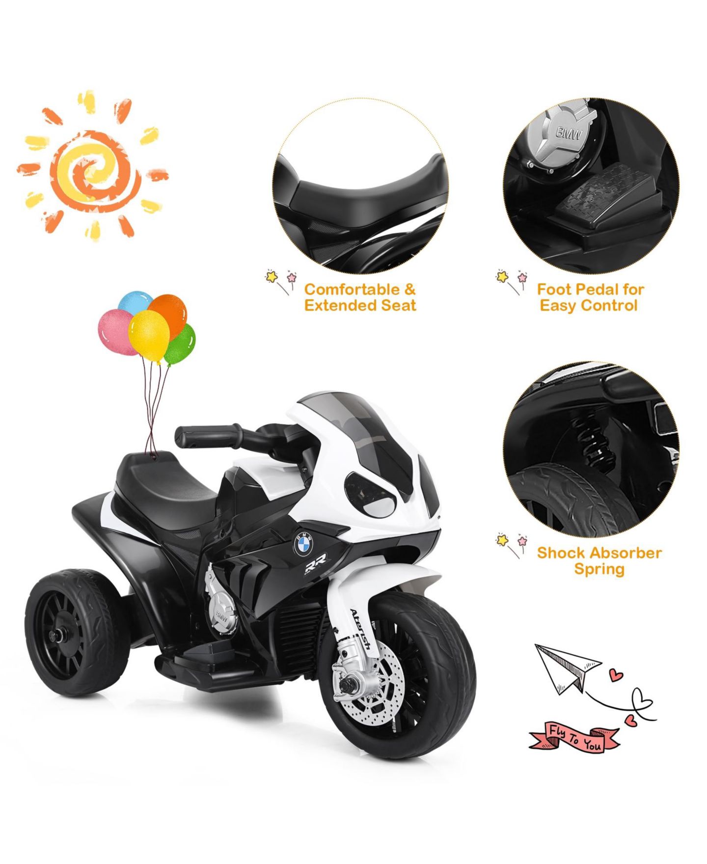 Детская игрушка Mecale 6V 3-Wheel BMW Licensed Electric Ride-On Motorcycle, 44 lb. Capacity, Ages 18-36 Months, цвет: Чёрный — фото 4