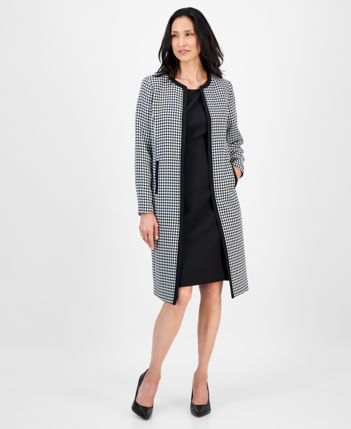 Women's Houndstooth Topper Jacket & Sleeveless Dress Suit - Bordeaux/black