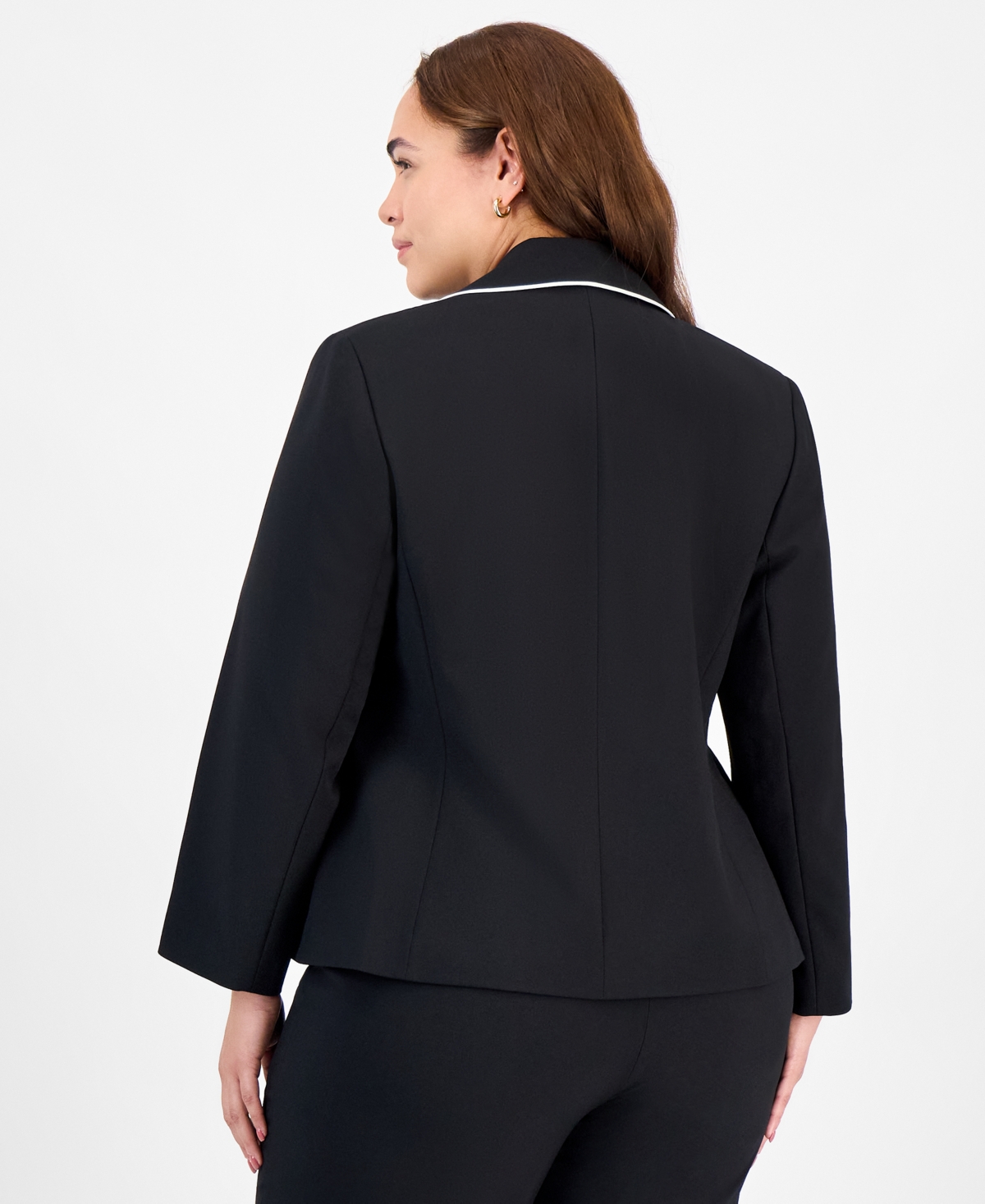 Le Suit Plus Size Piping-trim Peak-lapel Pantsuit Set In Black