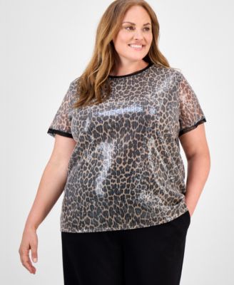 Anne Klein - Plus Size Animal-Print Sequin Top