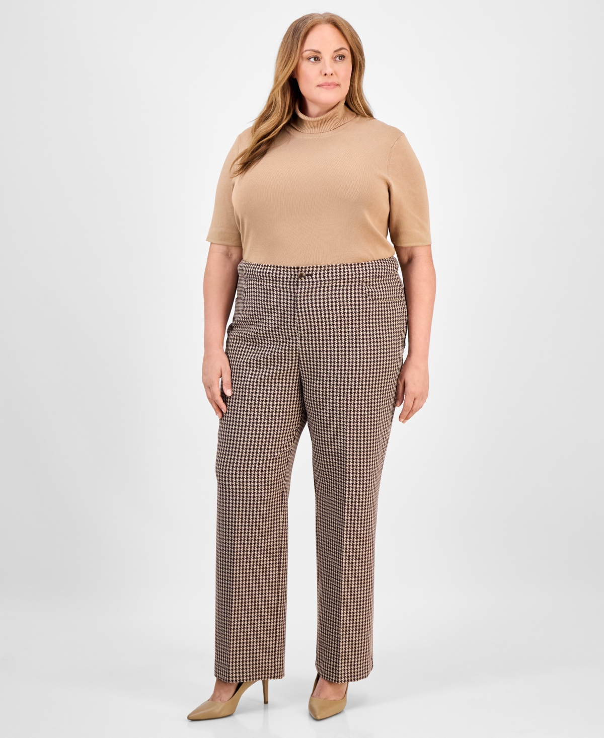 Anne Klein Plus Size Houndstooth Bootcut Pants In Brown