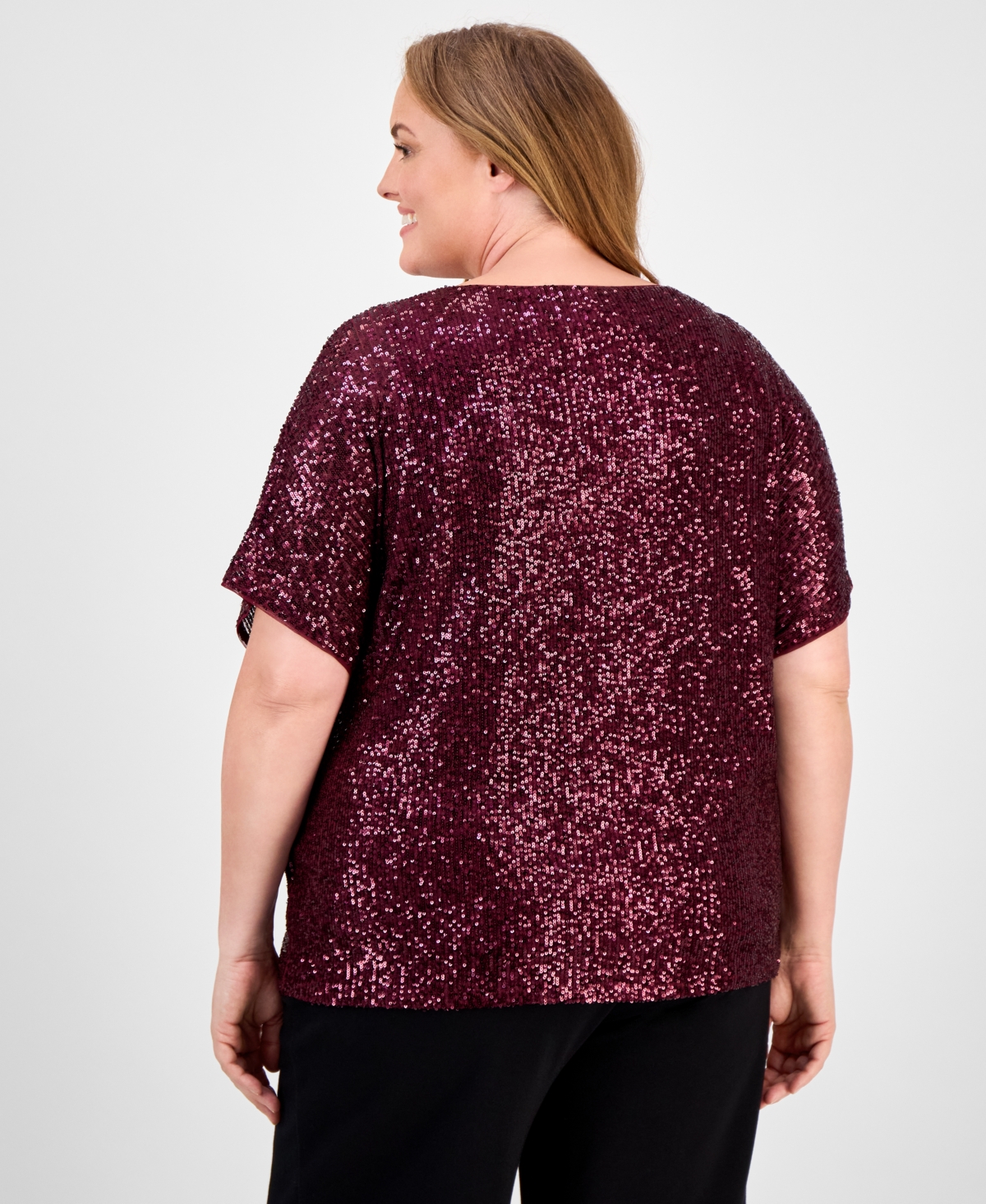 Anne Klein Plus Size Sequin Top In Burgundy