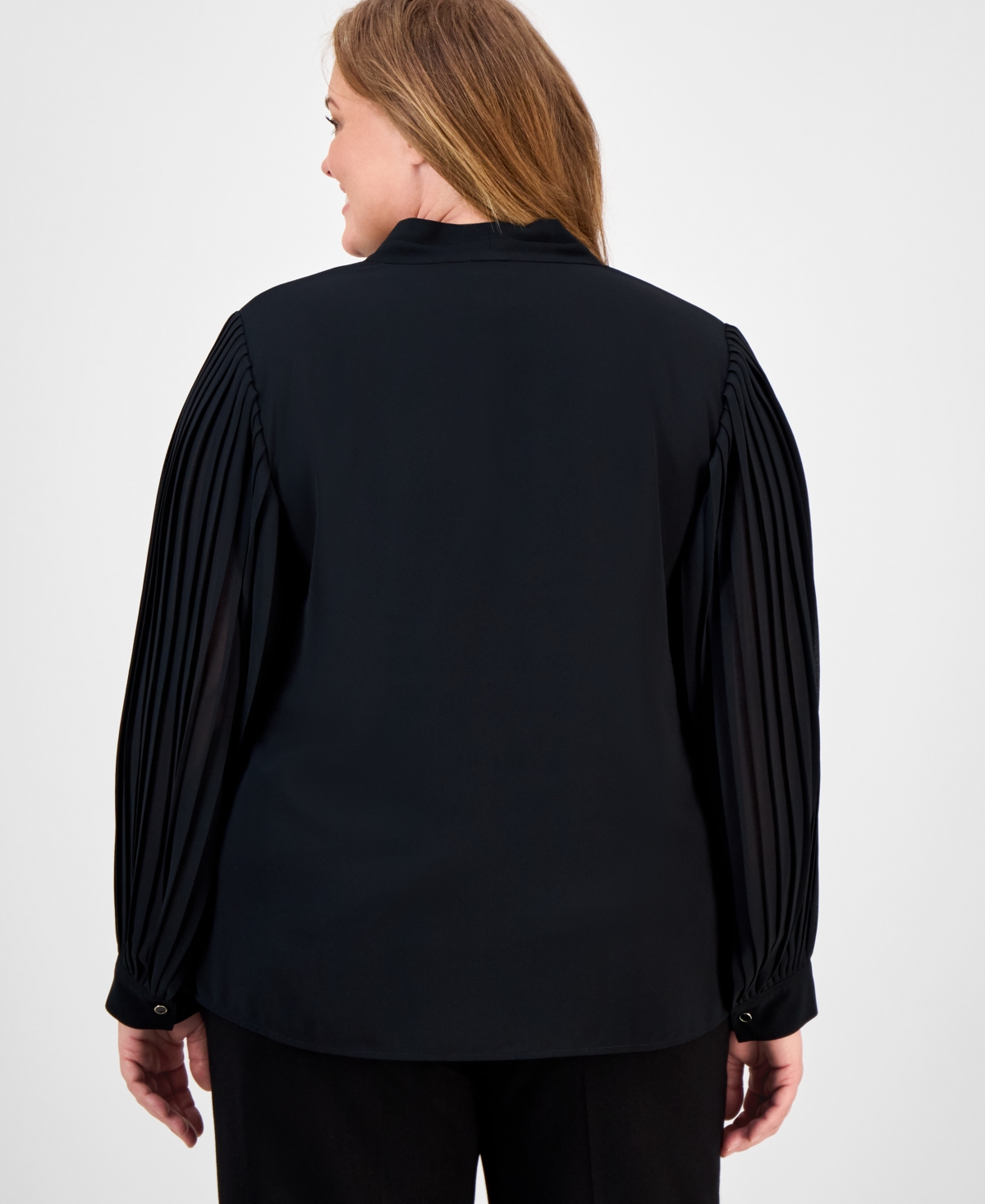 Anne Klein Plus Size V-neck Button-down Top In Black