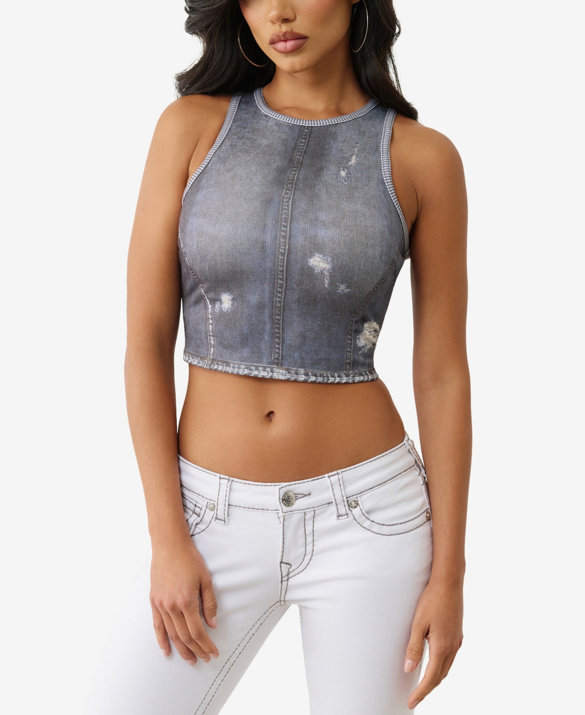 Women's Indigo Terry Crew Neck Top - Denim Print