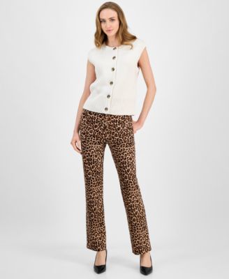 Anne Klein Womens Cap Sleeve Cardigan Animal Print Bootcut Pants In Multi