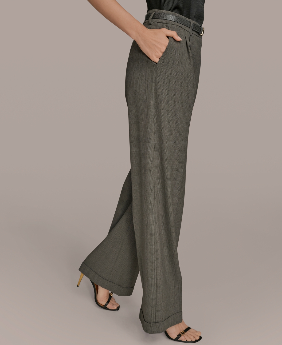 Donna Karan New York Belted Plaid Wide Leg Pants In Gray