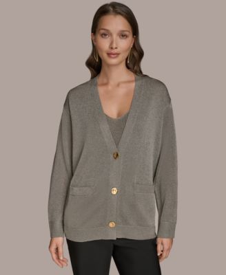 Donna Karan New York - Women's Long-Sleeve Metallic Three-Button Cardigan Sweater