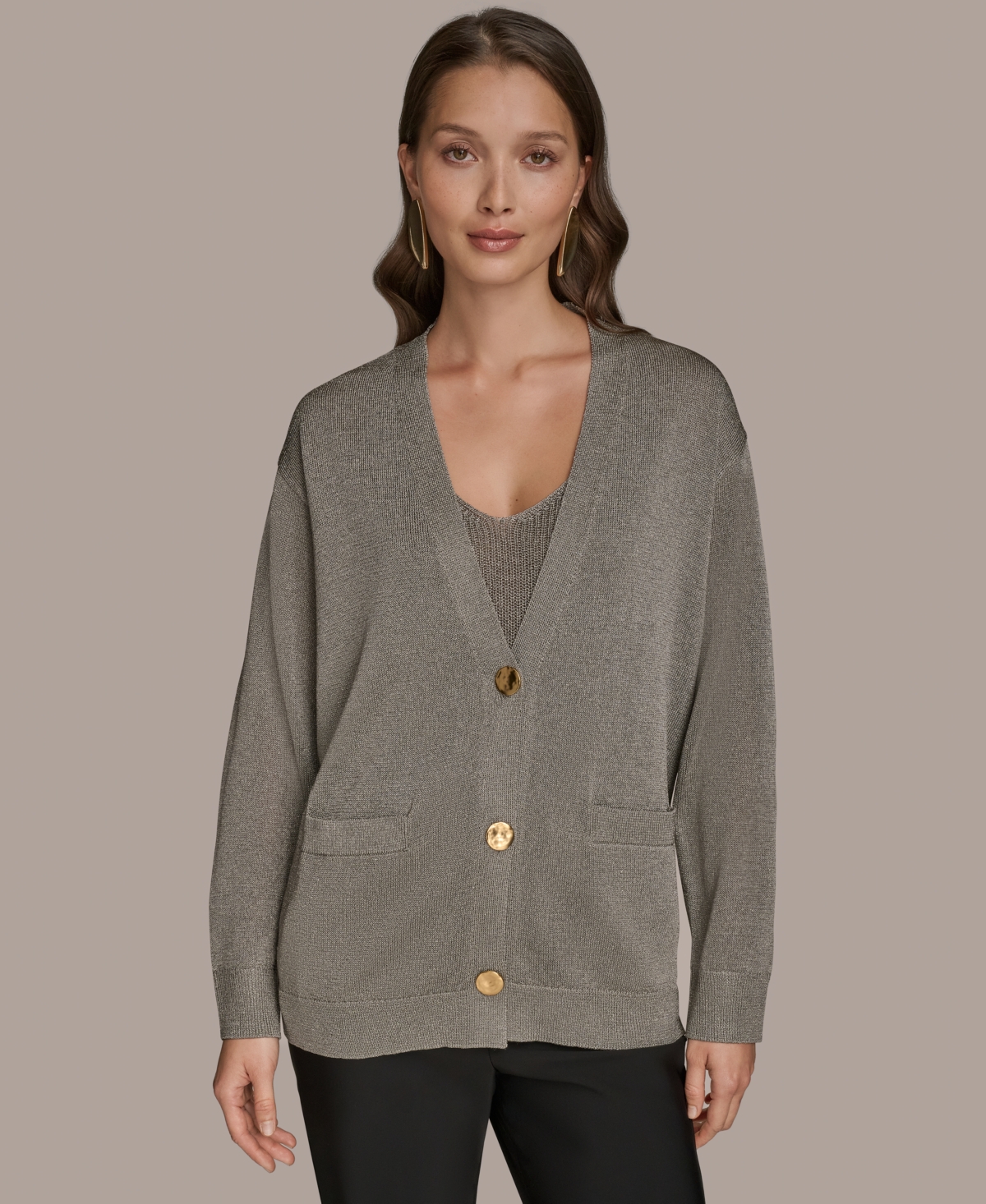 Donna Karan Women's Long-sleeve Metallic Three-button Cardigan Sweater In Gray