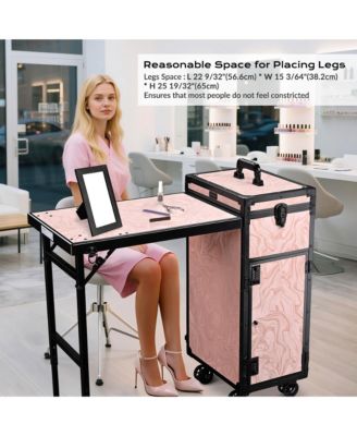 Rolling Nail Table w/ Makeup Case Cosmetic Organizer Aluminum Pink