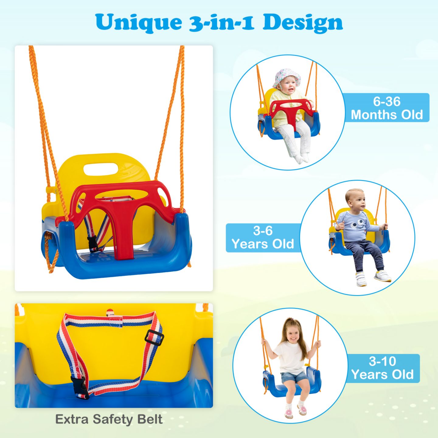 Детские игрушки Gymax 3-in-1 Kids Carbon Steel Adjustable Swing Set, 660 Lbs, Ages 3-10, цвет: Жёлтый синий — фото 7