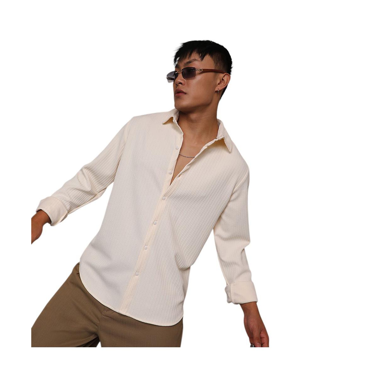 Men's Pale Yellow Stripe-Creased Shirt - White