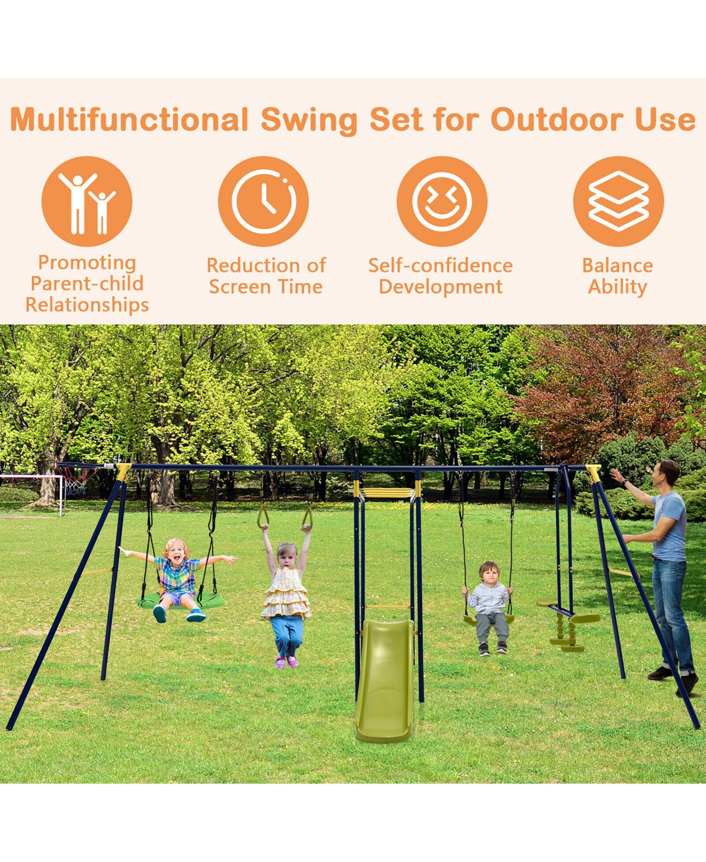 Детские игрушки Gymax Metal 7-in-1 Multifunctional Swing Set, 660 lbs, Ages 3-10, цвет: Зелёный — фото 9