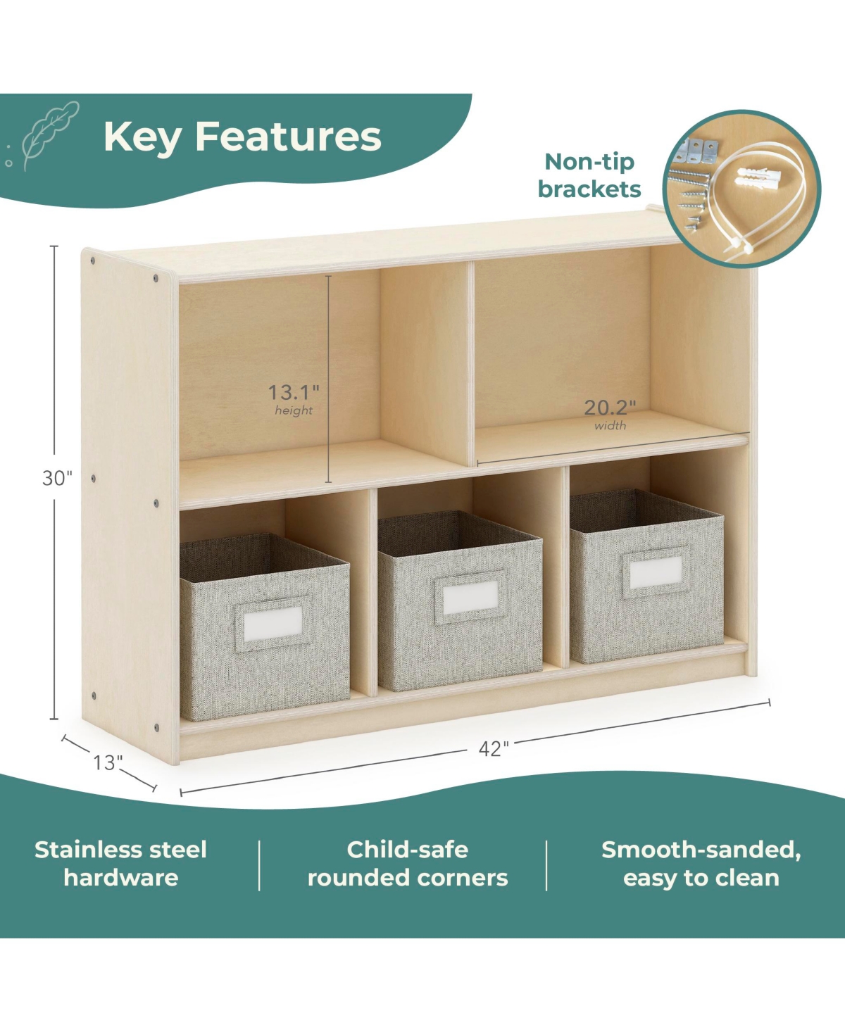 Guidecraft EdQ 2-Shelf 5-Compartment Storage 30" - Natural: Kids' Wooden Classroom Bookshelf, Art and Craft Supply Furniture with Bins