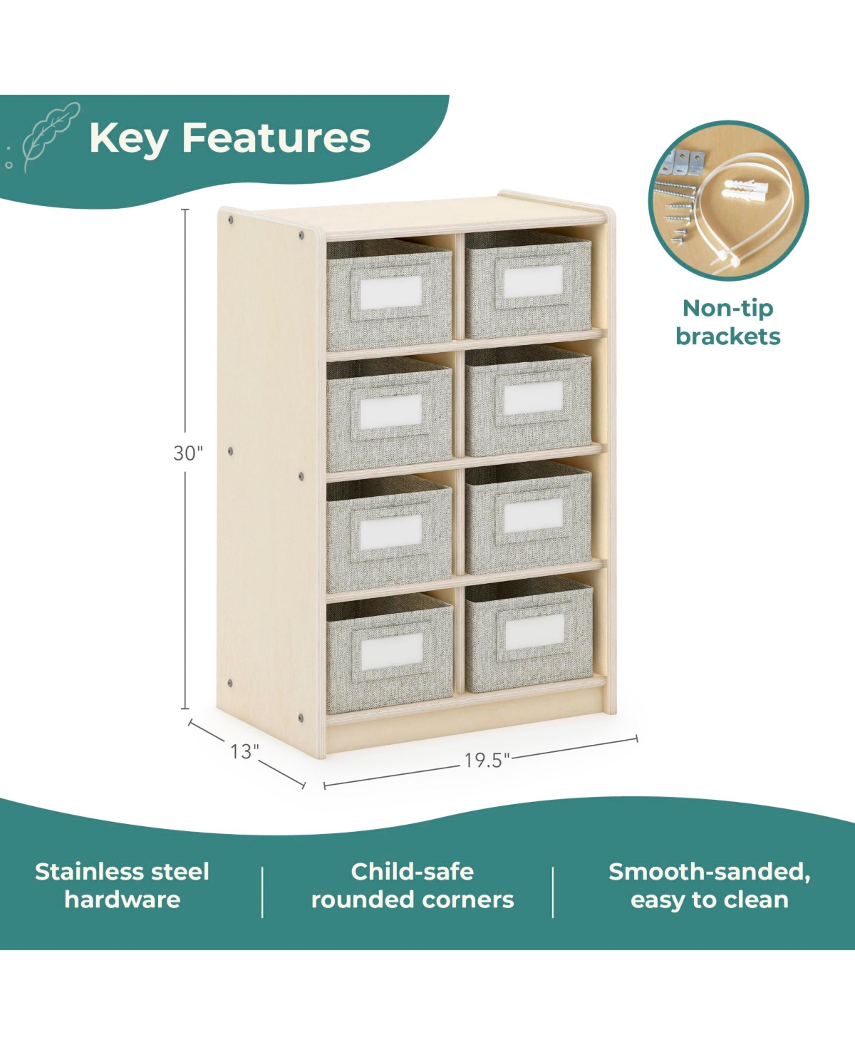 Guidecraft EdQ 8 Cubby Toy Storage Organizer 30" - Natural: Wooden Cube Bookshelf, Kids' Playroom and Bedroom with Bins