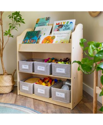 EdQ Book and Bin Browser - Natural: Children's Tall Wooden Bookshelf to Display and Organize Kids' Books in Playroom