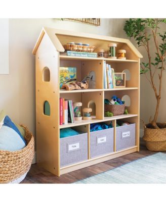 EdQ Dollhouse Bookshelf - Natural: Wood Kids' Pretend Play Furniture for Playroom and Classroom with Bins for Toys and Dolls