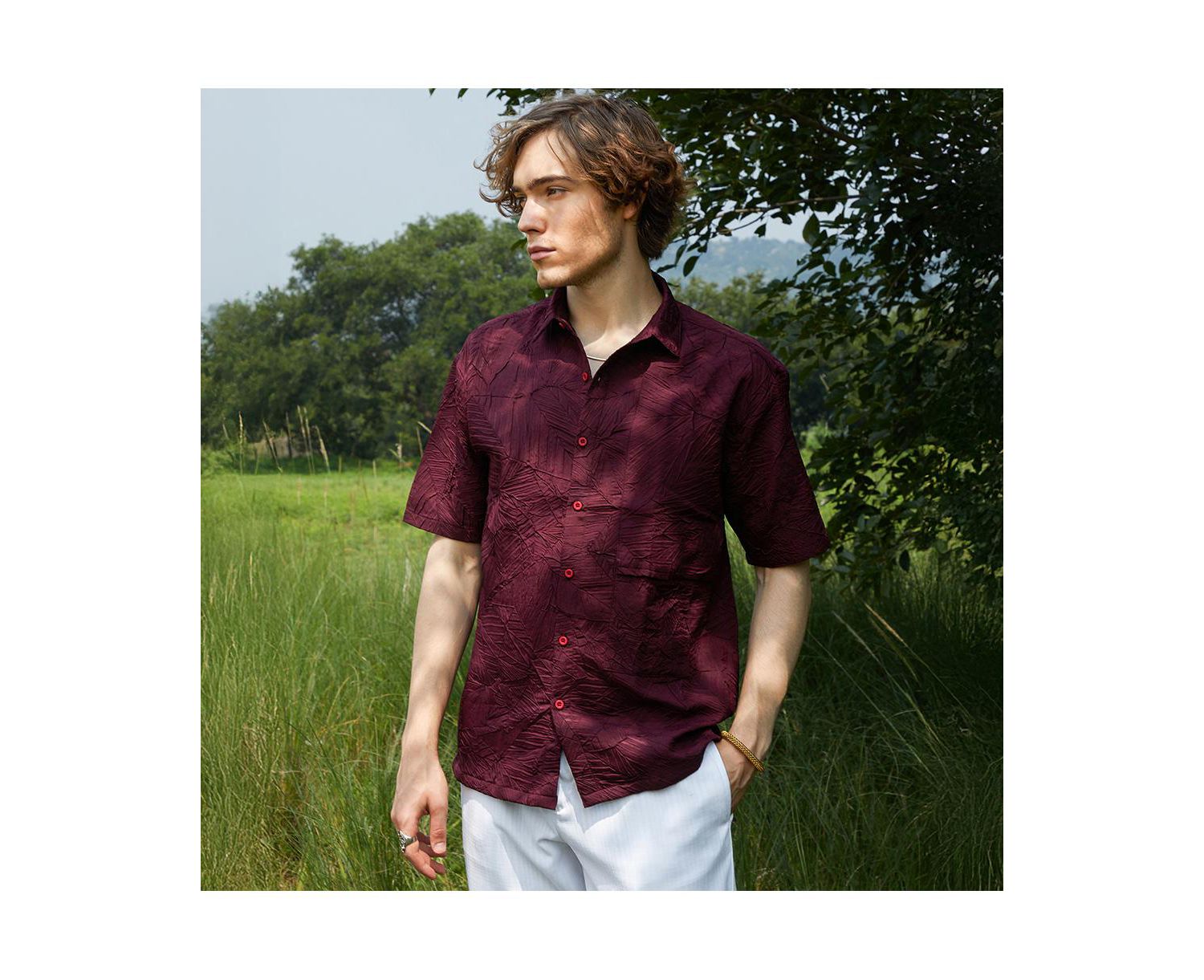 Men's Wine Red Foliage-Tactile Shirt