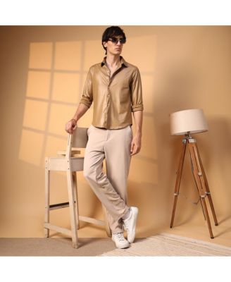 Men's Camel Brown Solid Suede Shirt